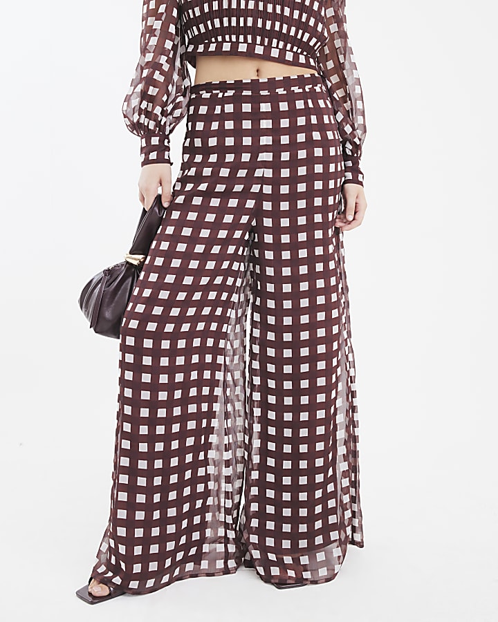 Brown Gingham Wide Leg Trousers