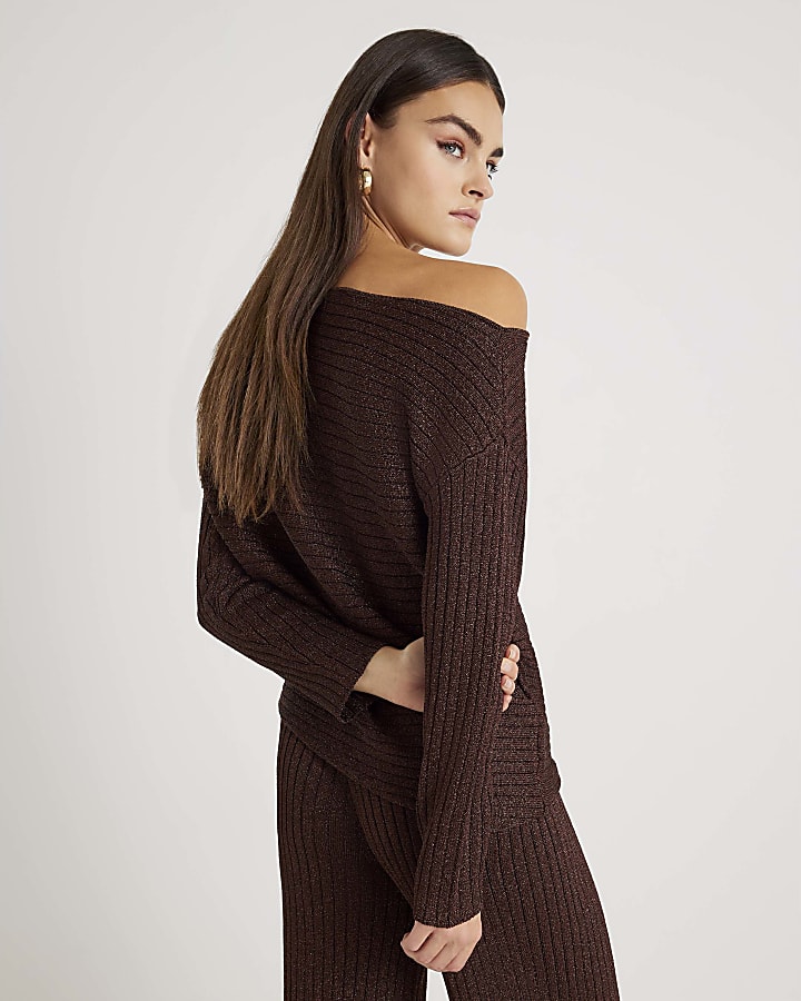 Brown Long Sleeve Glitter One Shoulder Top
