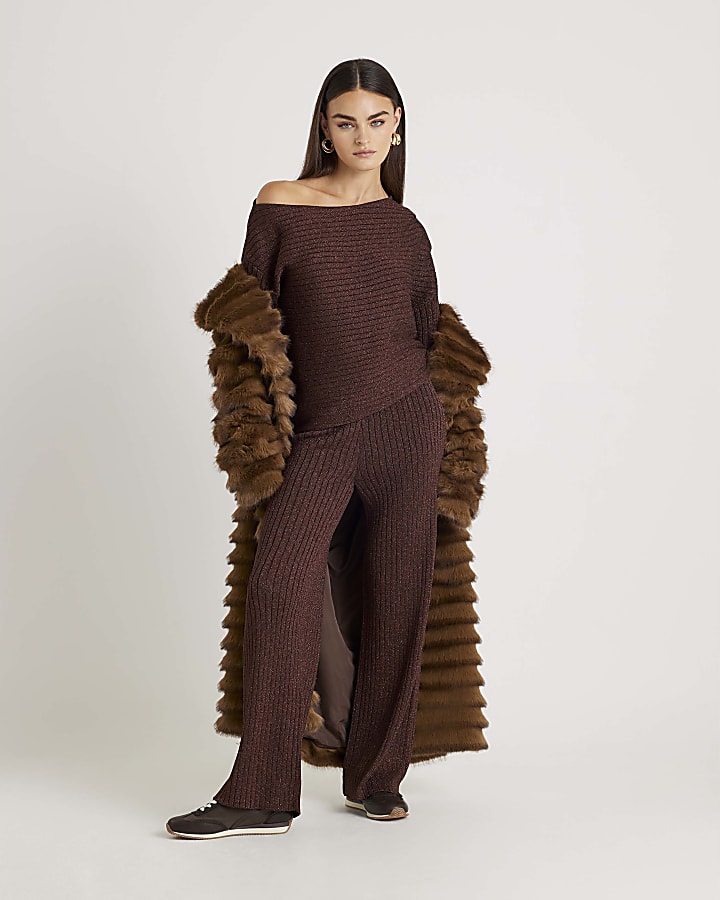 Brown Long Sleeve Glitter One Shoulder Top