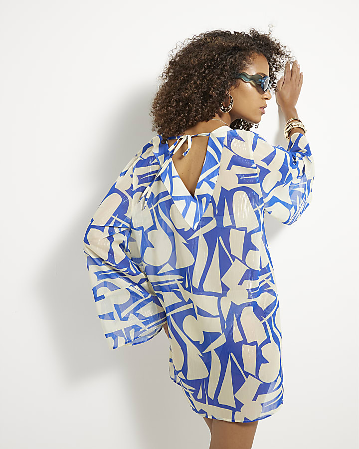Cream Printed Long Sleeve Beach Dress