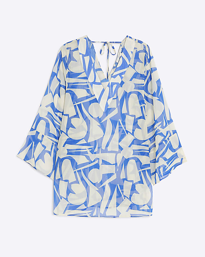Cream Printed Long Sleeve Beach Dress