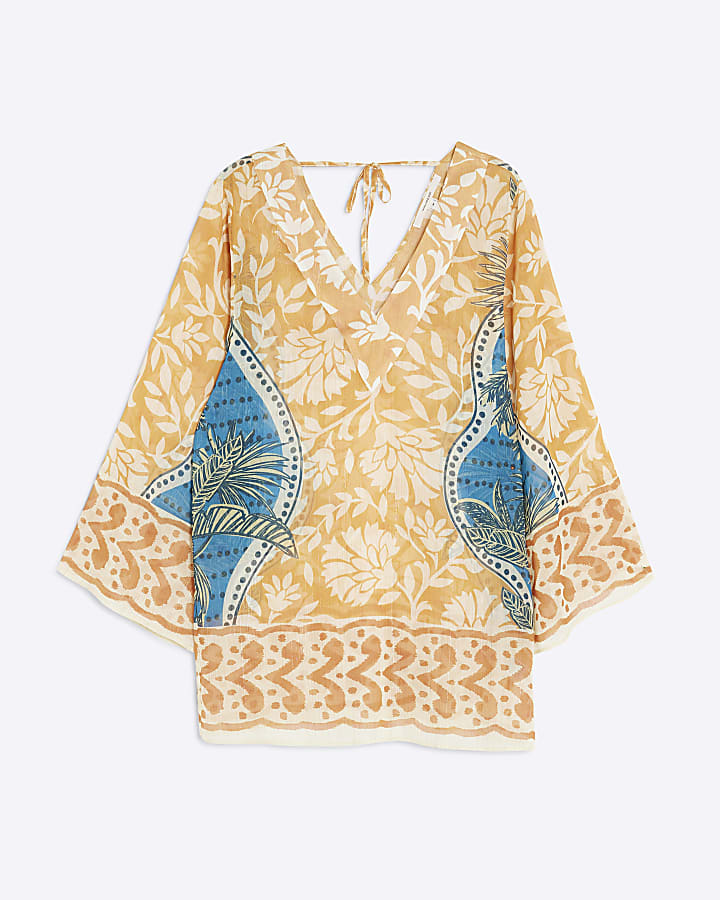 Yellow Printed Long Sleeve Beach Dress