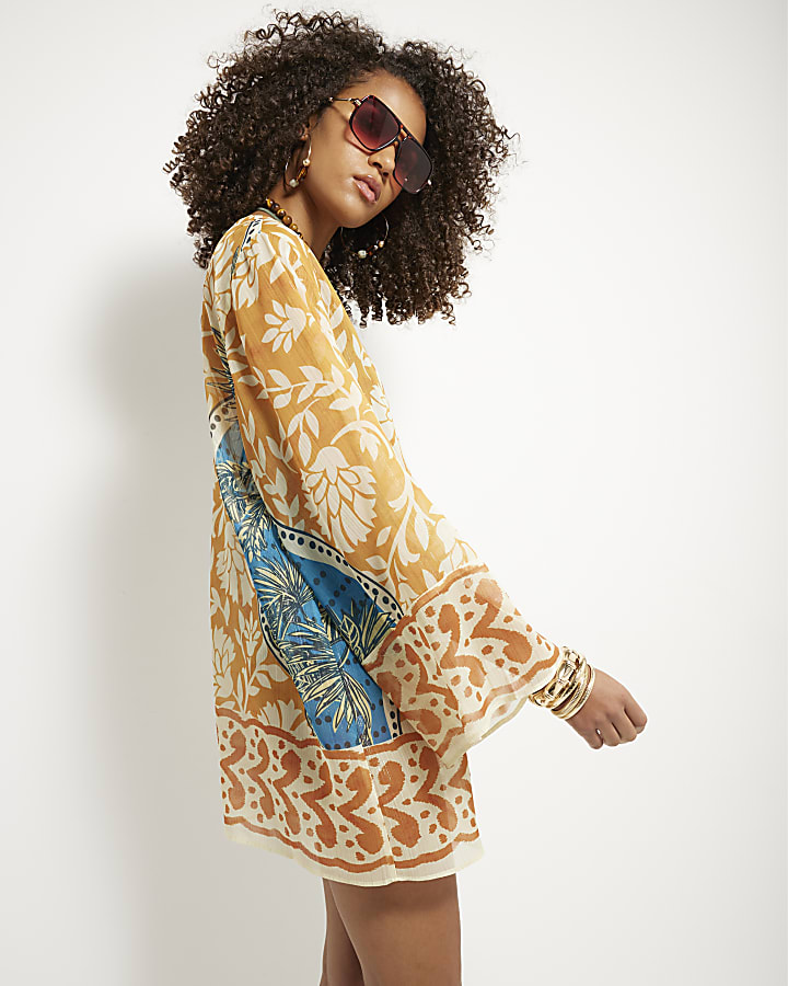 Yellow Printed Long Sleeve Beach Dress