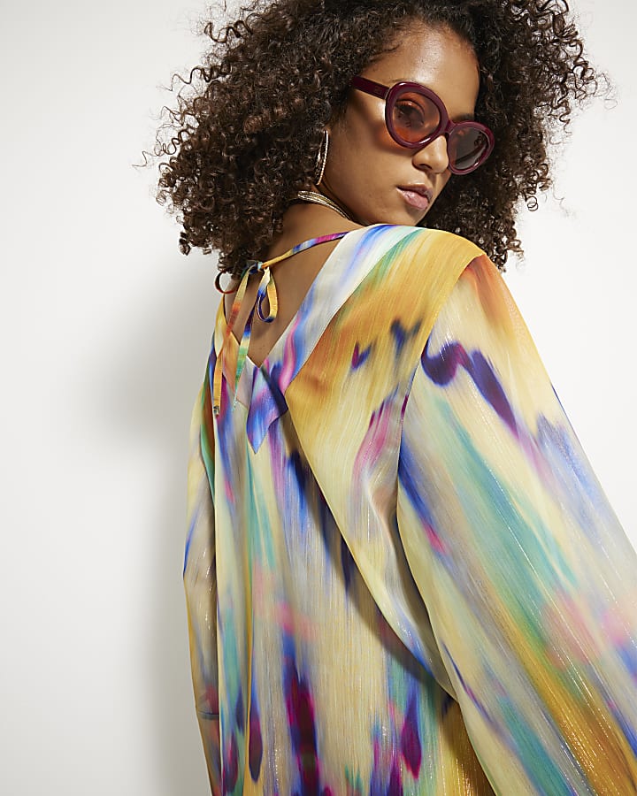 Yellow Printed Long Sleeve Beach Dress