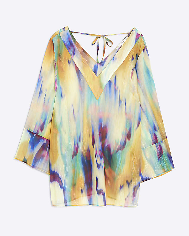 Yellow Printed Long Sleeve Beach Dress