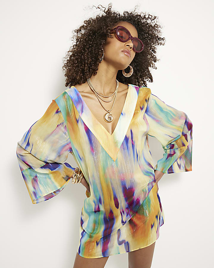 Yellow Printed Long Sleeve Beach Dress