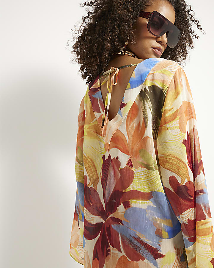 Multi Colour Printed Long Sleeve Beach Dress