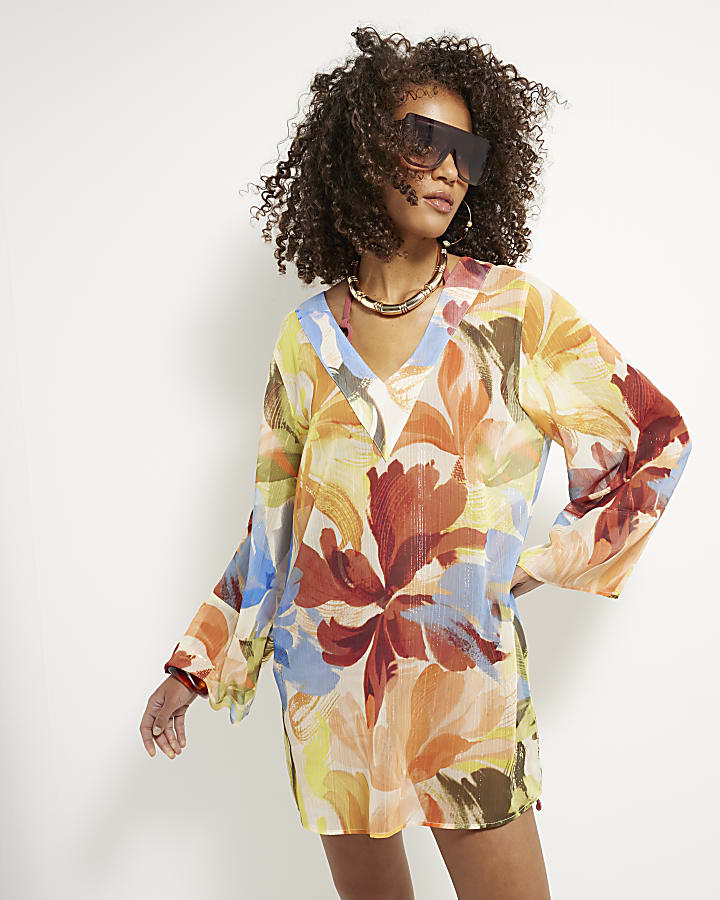 Multi Colour Printed Long Sleeve Beach Dress