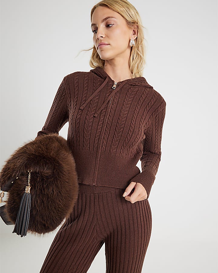 Brown Cable Knit Hoodie