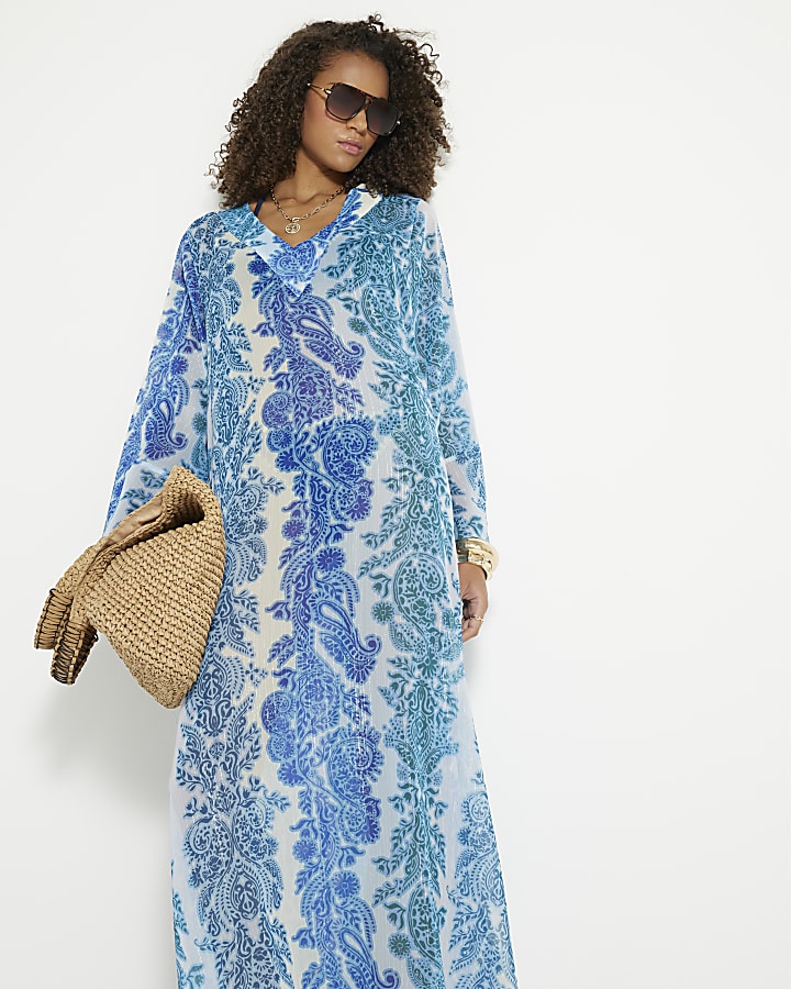 Blue Long Sleeve Paisley Maxi Beach Dress