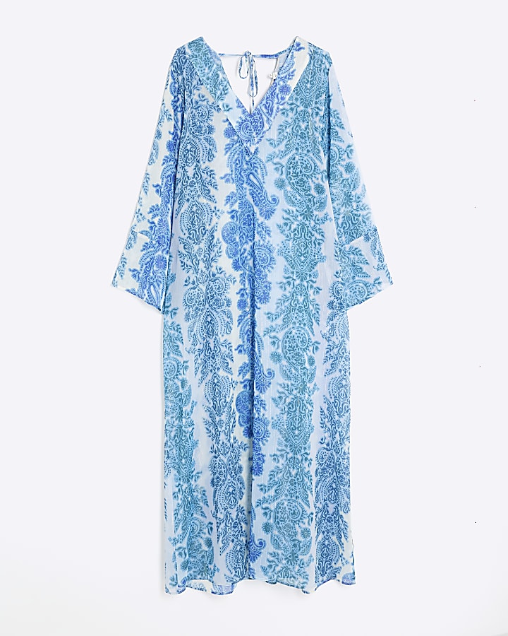Blue Long Sleeve Paisley Maxi Beach Dress
