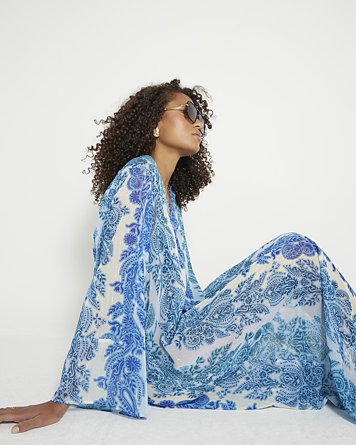Blue Long Sleeve Paisley Maxi Beach Dress