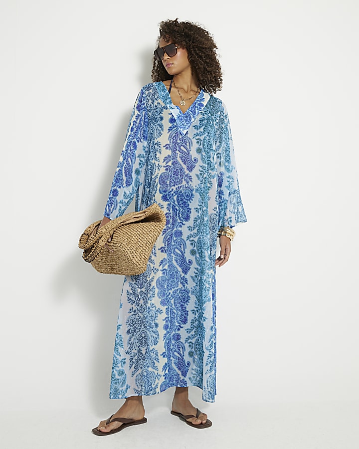 Blue Long Sleeve Paisley Maxi Beach Dress