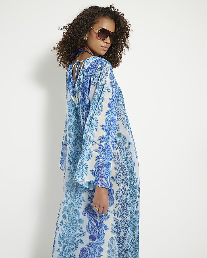 Blue Long Sleeve Paisley Maxi Beach Dress