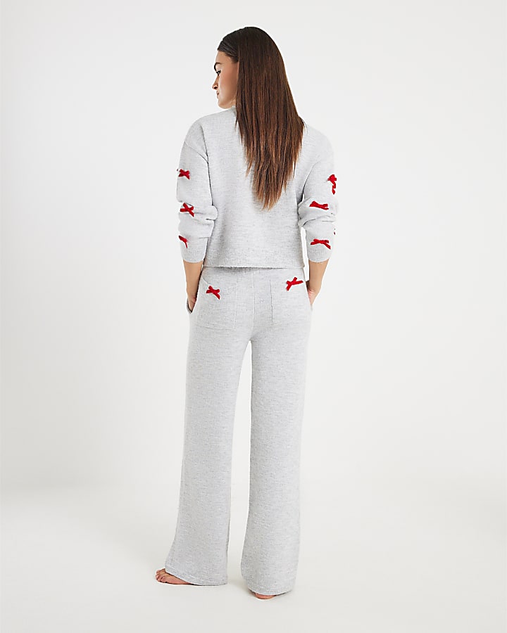 Grey Knitted Bow Detail Loungewear Set