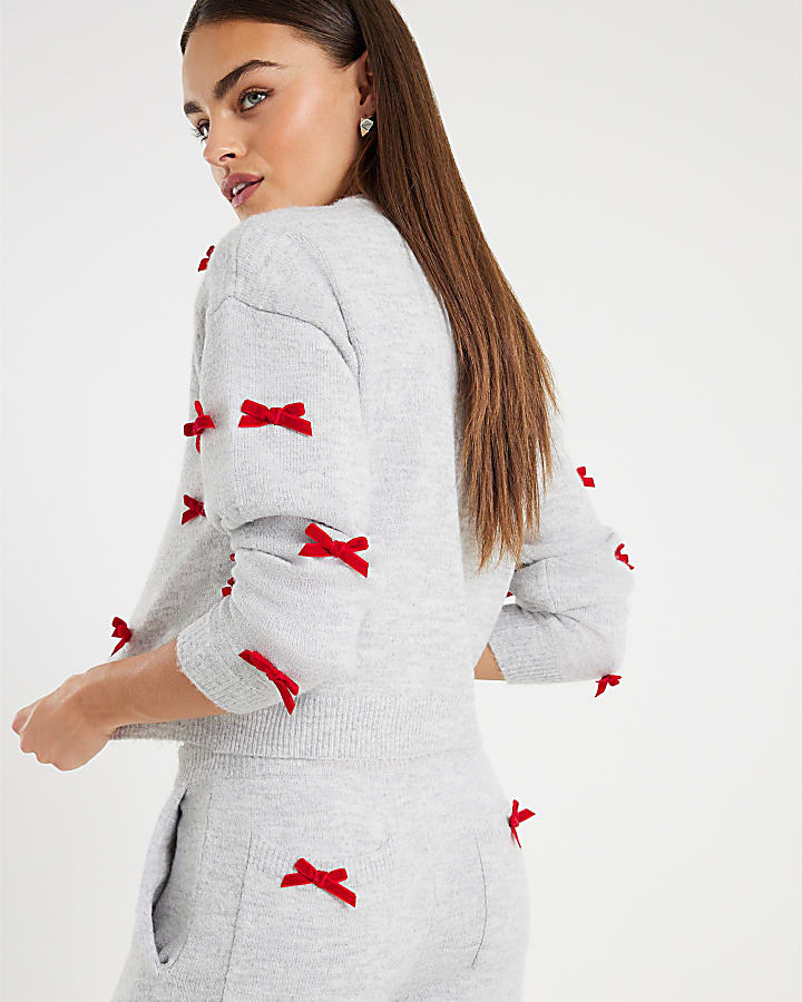 Grey Knitted Bow Detail Loungewear Set