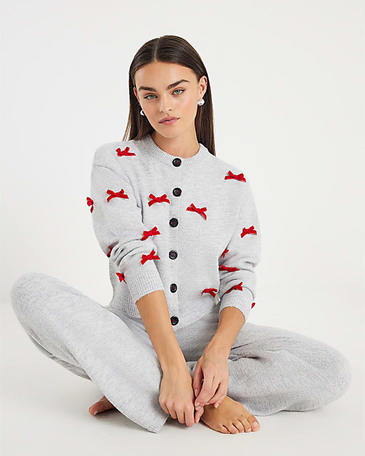 Grey Knitted Bow Detail Loungewear Set
