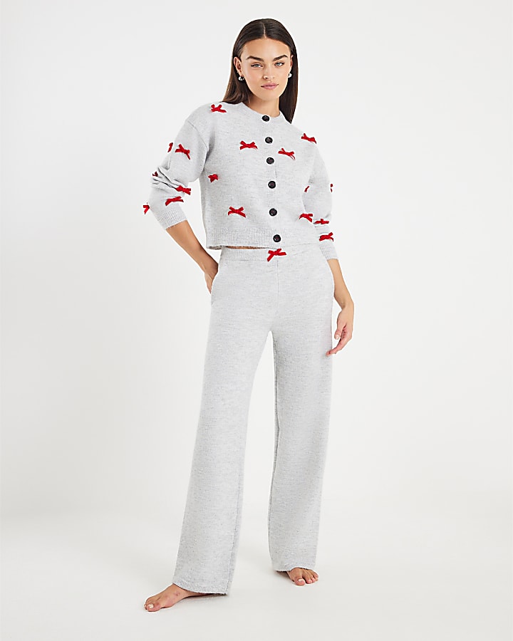 Grey Knitted Bow Detail Loungewear Set
