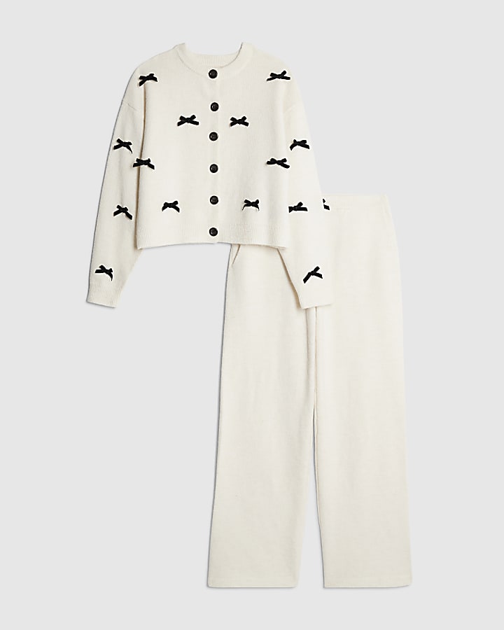 Cream Knitted Bow Detail Loungewear Set