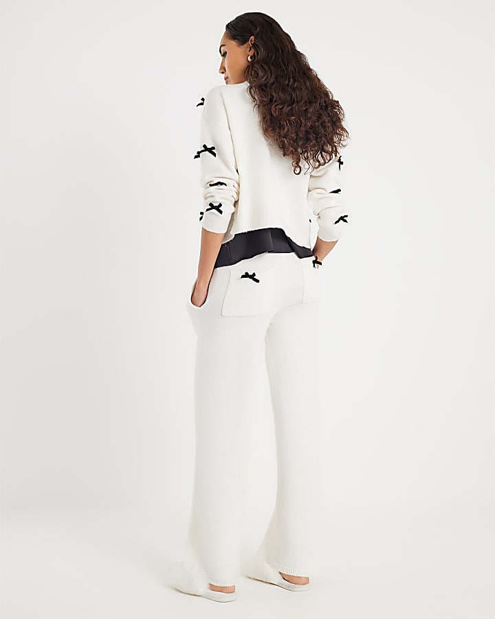 Cream Knitted Bow Detail Loungewear Set