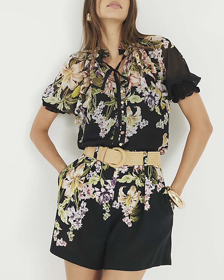 Black Short Sleeve Floral Blouse