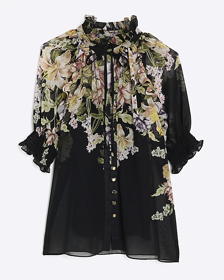 Black Short Sleeve Floral Blouse