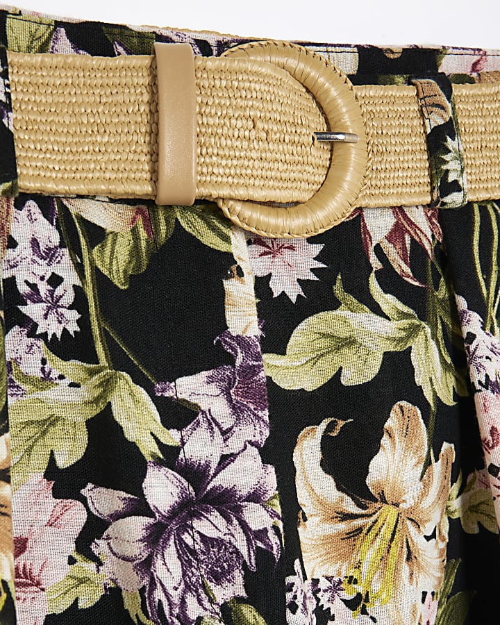 Black Floral Belted Shorts