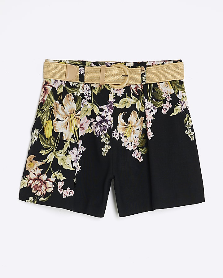 Black Floral Belted Shorts