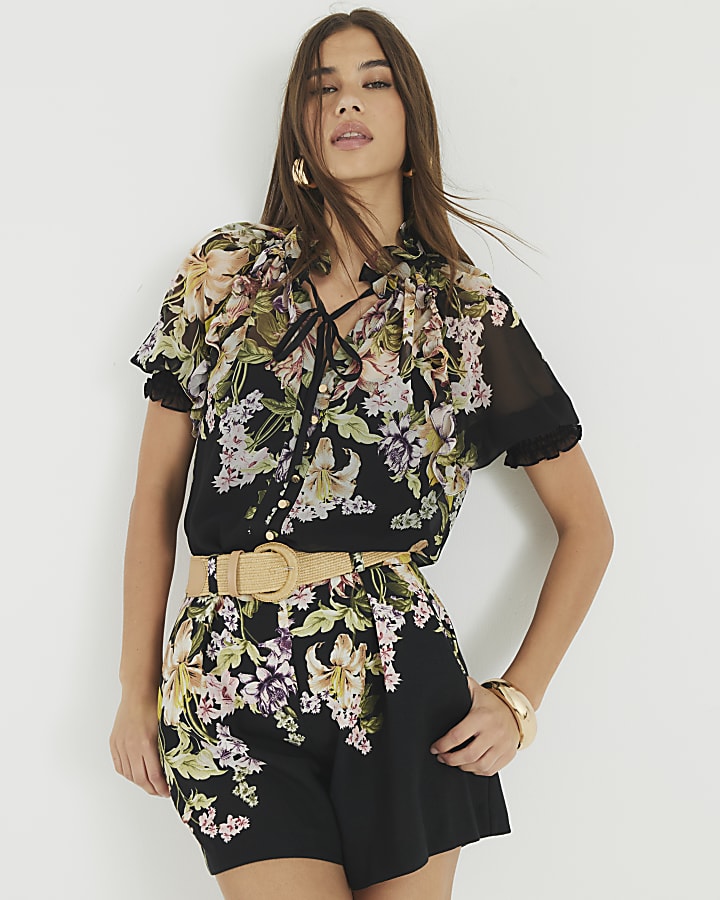 Black Floral Belted Shorts