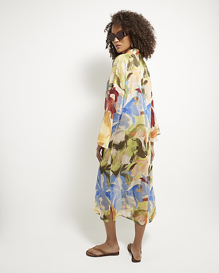 Multi Colour Abstract Print Longline Kimono