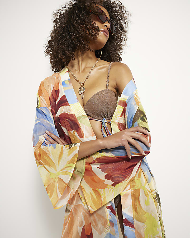 Multi Colour Abstract Print Longline Kimono