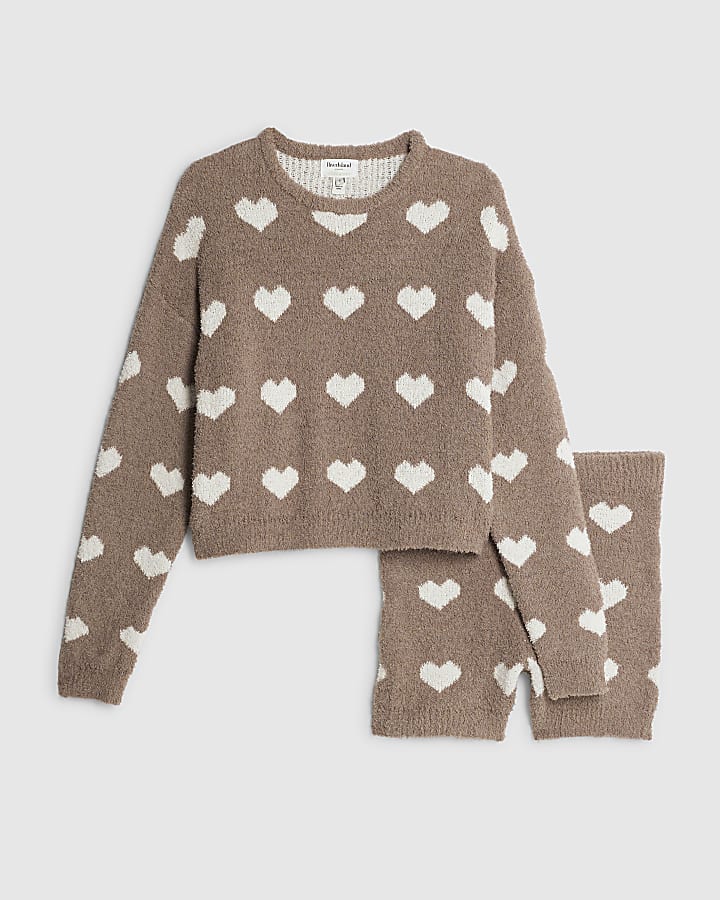 Brown Fluffy Heart Jumper Shorts Set