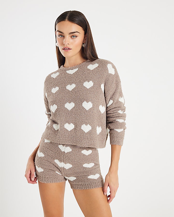 Brown Fluffy Heart Jumper Shorts Set