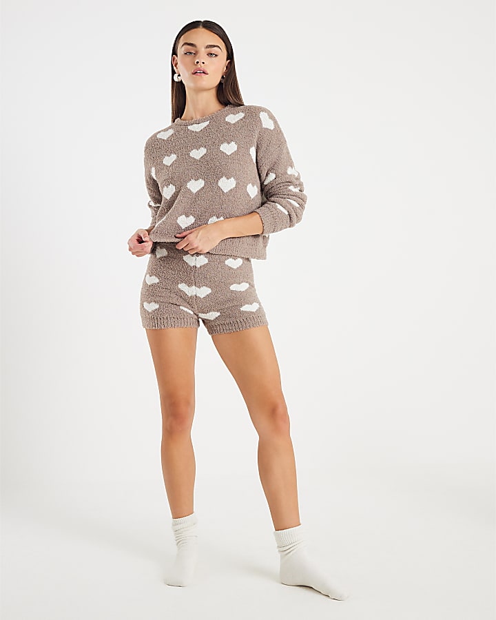 Brown Fluffy Heart Jumper Shorts Set