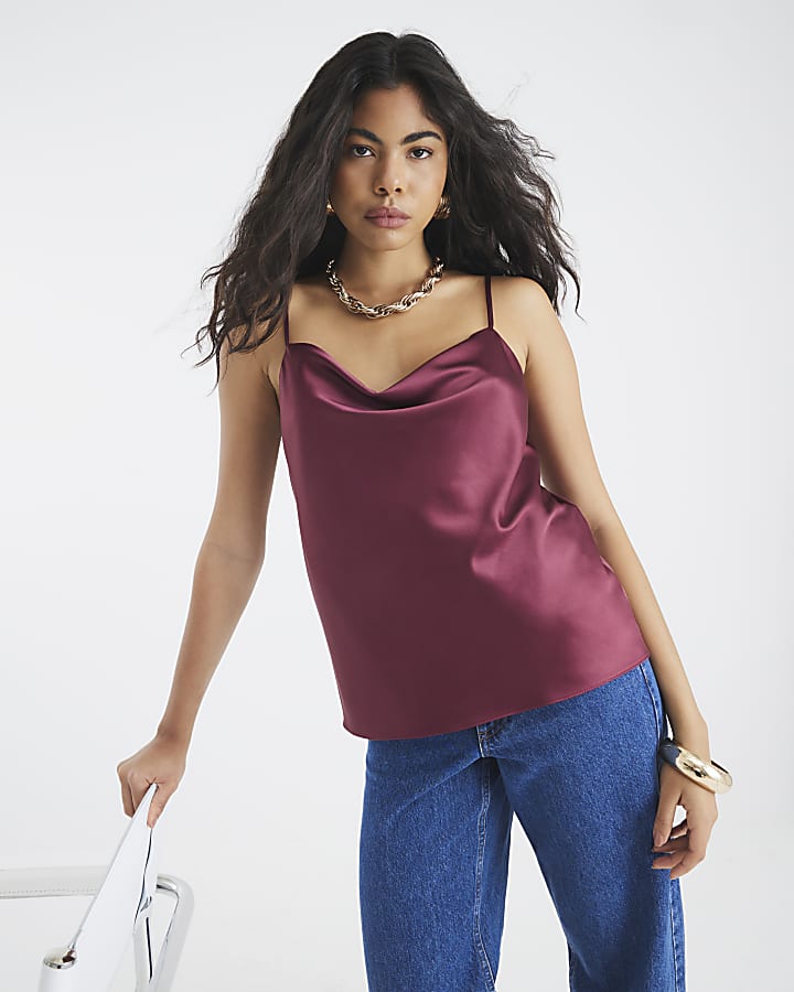 Purple Satin Cowl Neck Cami Top