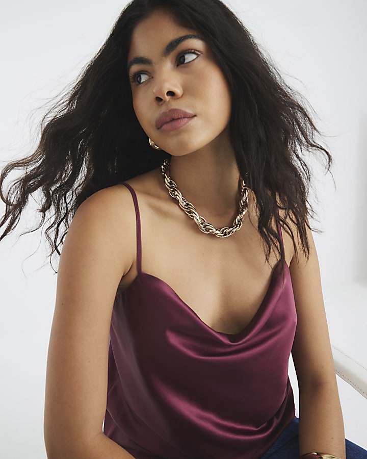 Purple Satin Cowl Neck Cami Top