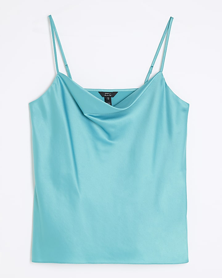 Blue Satin Cowl Neck Cami Top
