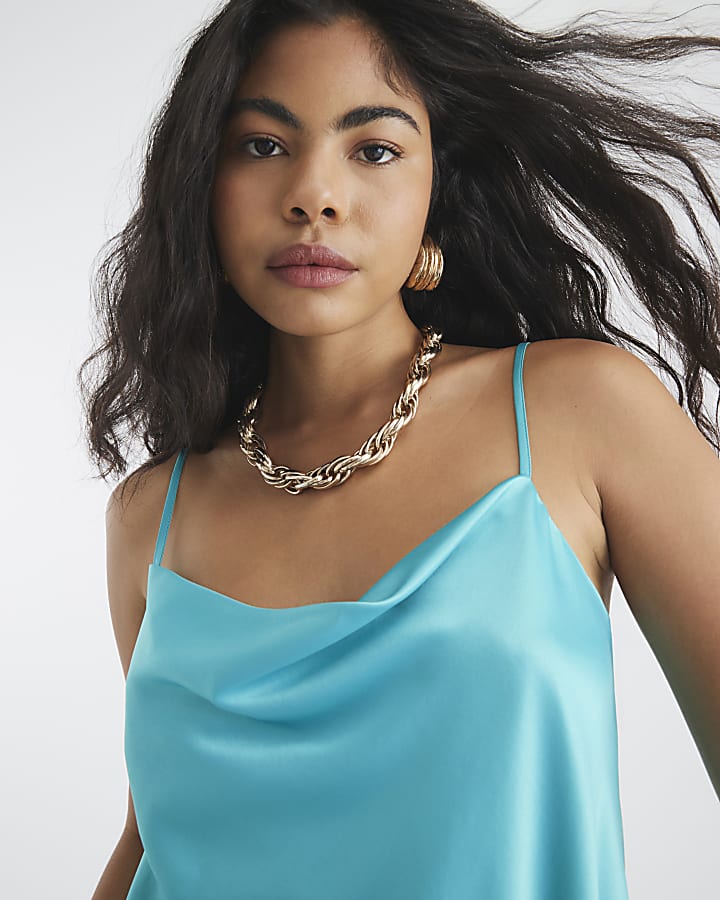 Blue Satin Cowl Neck Cami Top