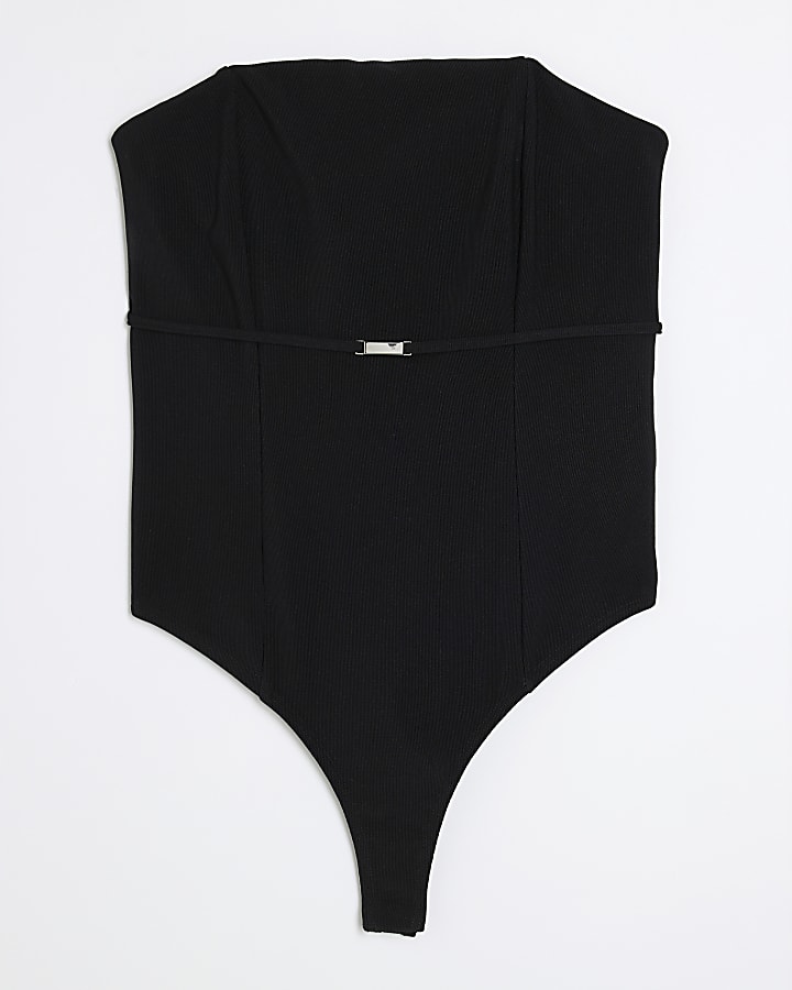 Black Ribbed Belted Bandeau Bodysuit