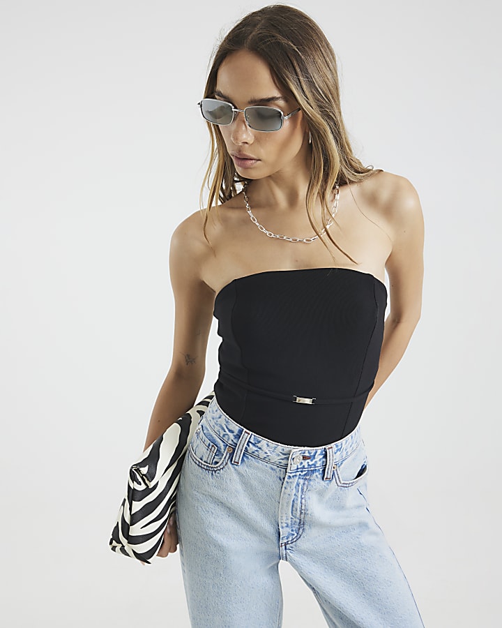 Black Ribbed Belted Bandeau Bodysuit