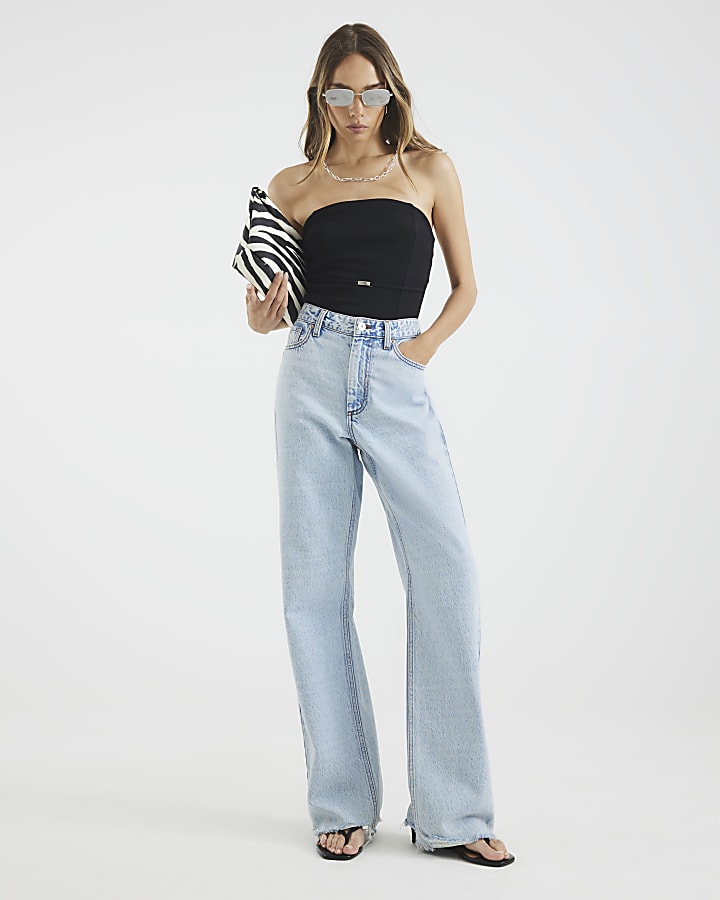 Black Ribbed Belted Bandeau Bodysuit