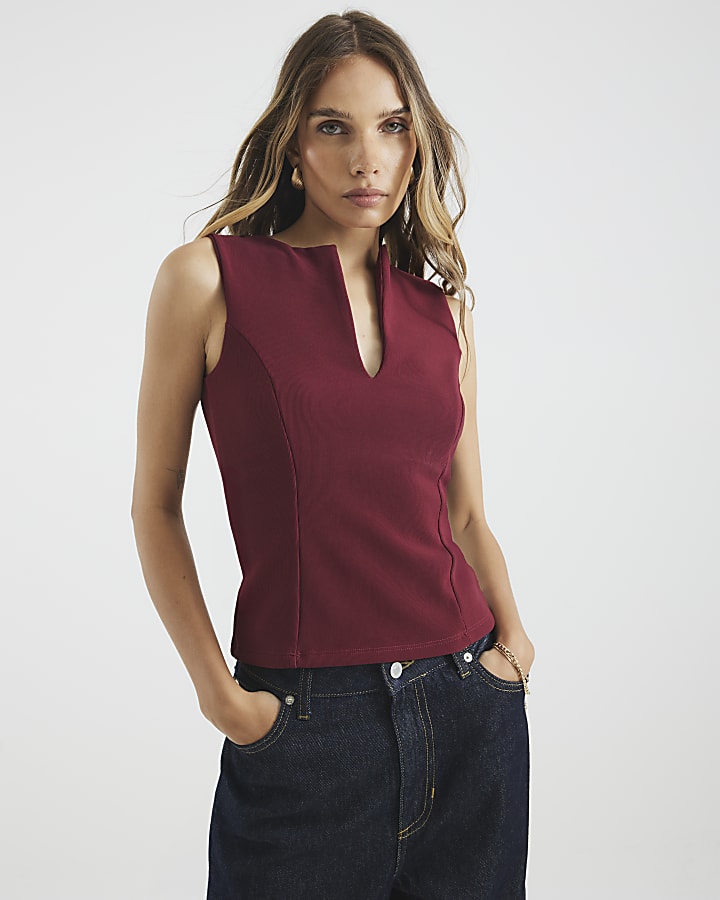 Red Sleeveless V Neck Ribbed Top
