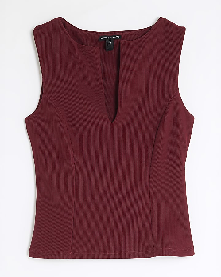 Red Sleeveless V Neck Ribbed Top