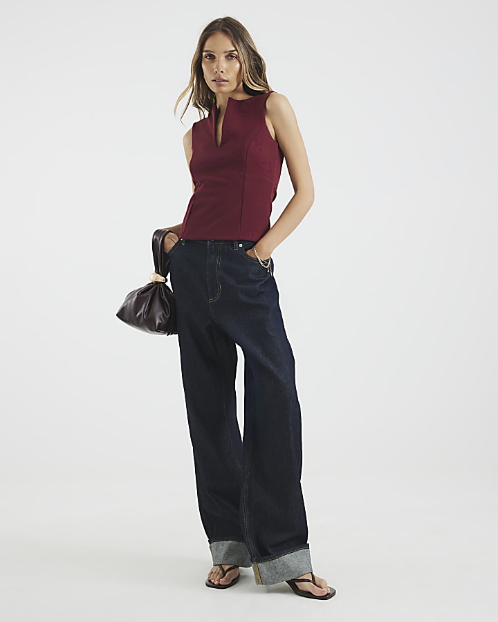 Red Sleeveless V Neck Ribbed Top