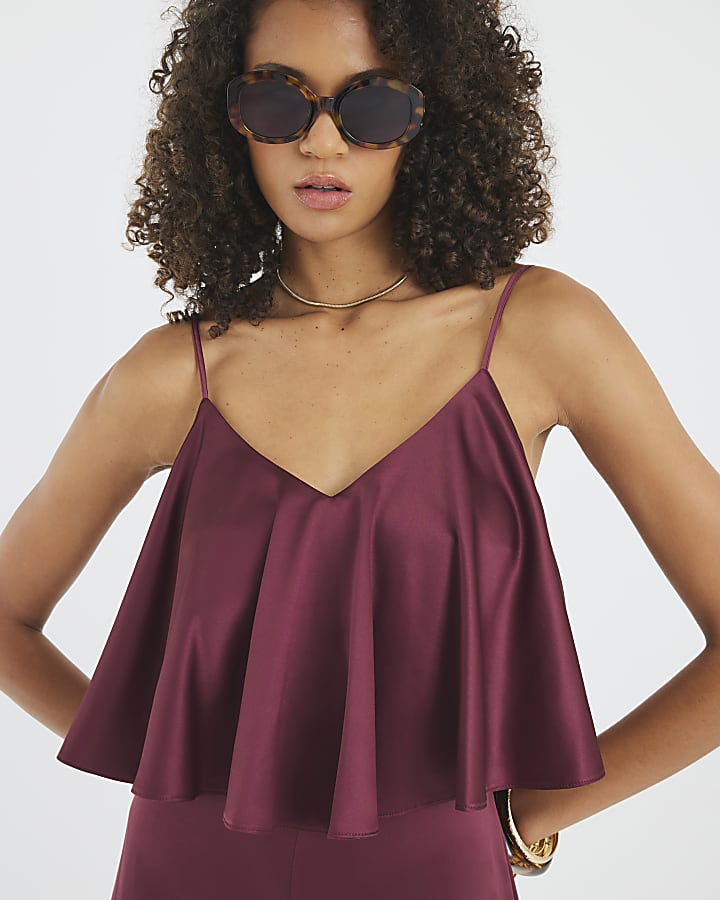 Purple Satin Sleeveless Frill Jumpsuit