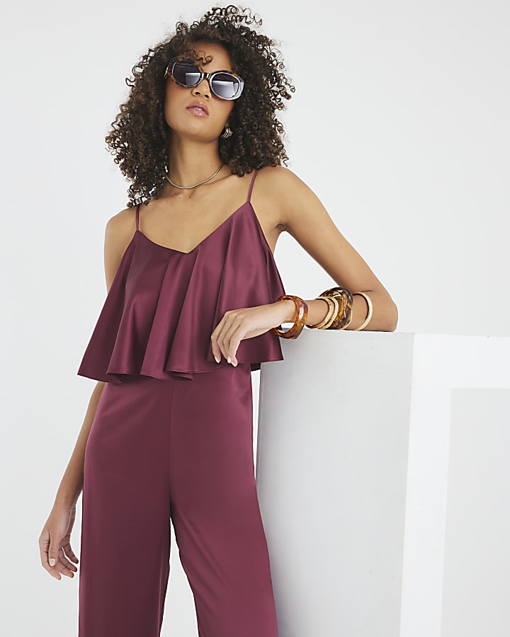 Purple Satin Sleeveless Frill Jumpsuit