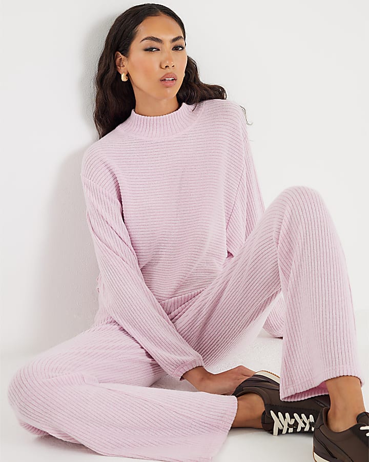 Pink Knit Batwing Sleeve Loungewear Set