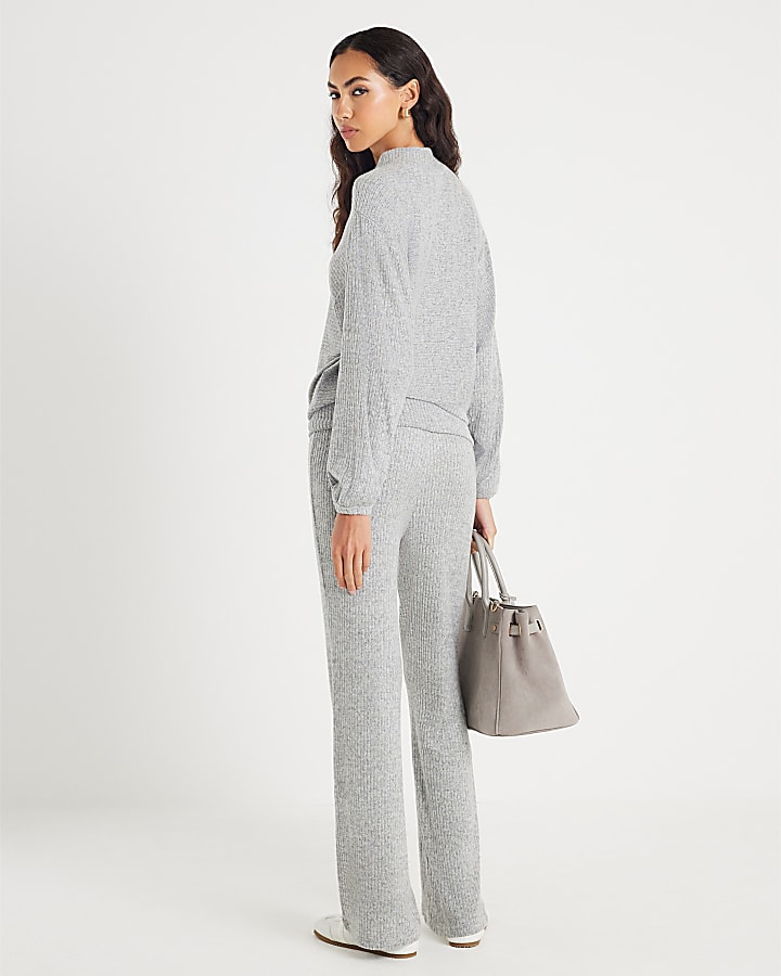 Grey Ribbed Batwing Knitted Set