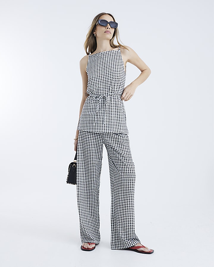 Black Gingham Wide Leg Trousers