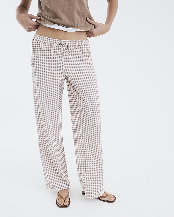 Beige Gingham Wide Leg Trousers